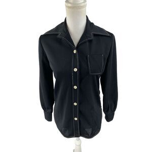 Dyanne Dallas 8 Vtg 70s Western Pointed‎ Collar Blouse Black Long Sleeve Rodeo